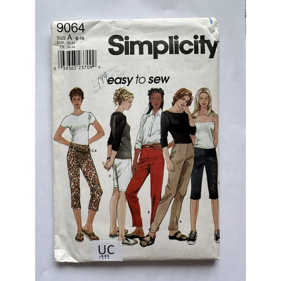 90s SIMPLICITY 9064 SLIM PANTS SHORTS CAPRIS BELT-BAG PATTERN SIZES 6-16 UNCUT - Picture 1 of 2